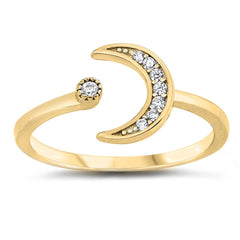 Sterling Silver Yellow Gold Plated Moon And Star Cubic Zirconia Ring