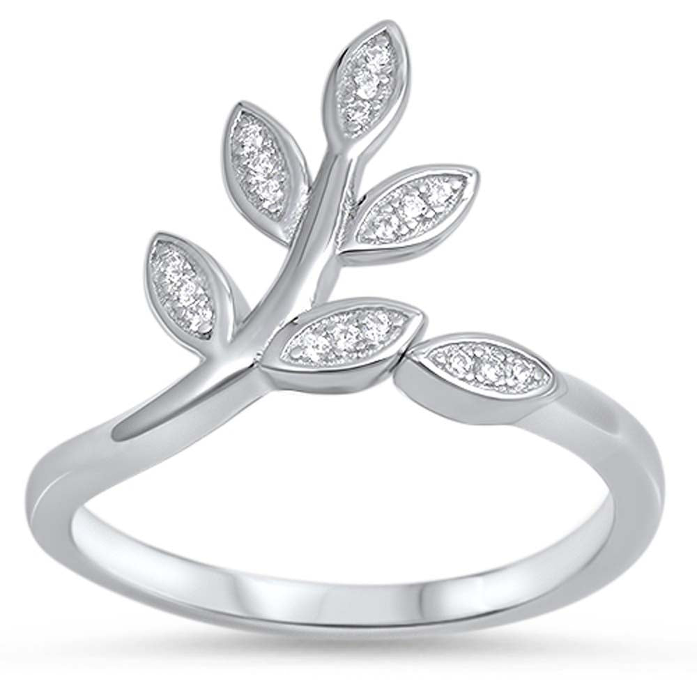 Sterling Silver Leaves Shaped Clear CZ RingAnd Face Height 14mm