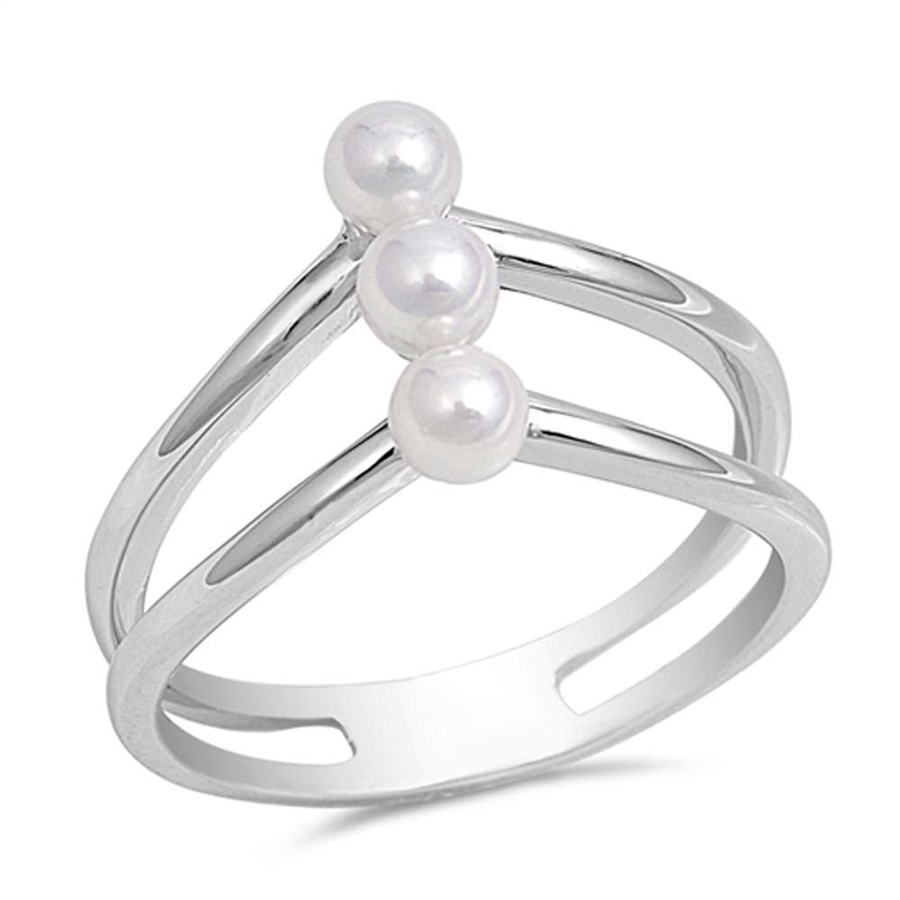 Sterling Silver Triple Simulated Pearl Ring with Ring Face Height of 12MM