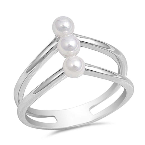 Sterling Silver Classy Triple Simulated Pearl Ring with Ring Face Height of 12MM