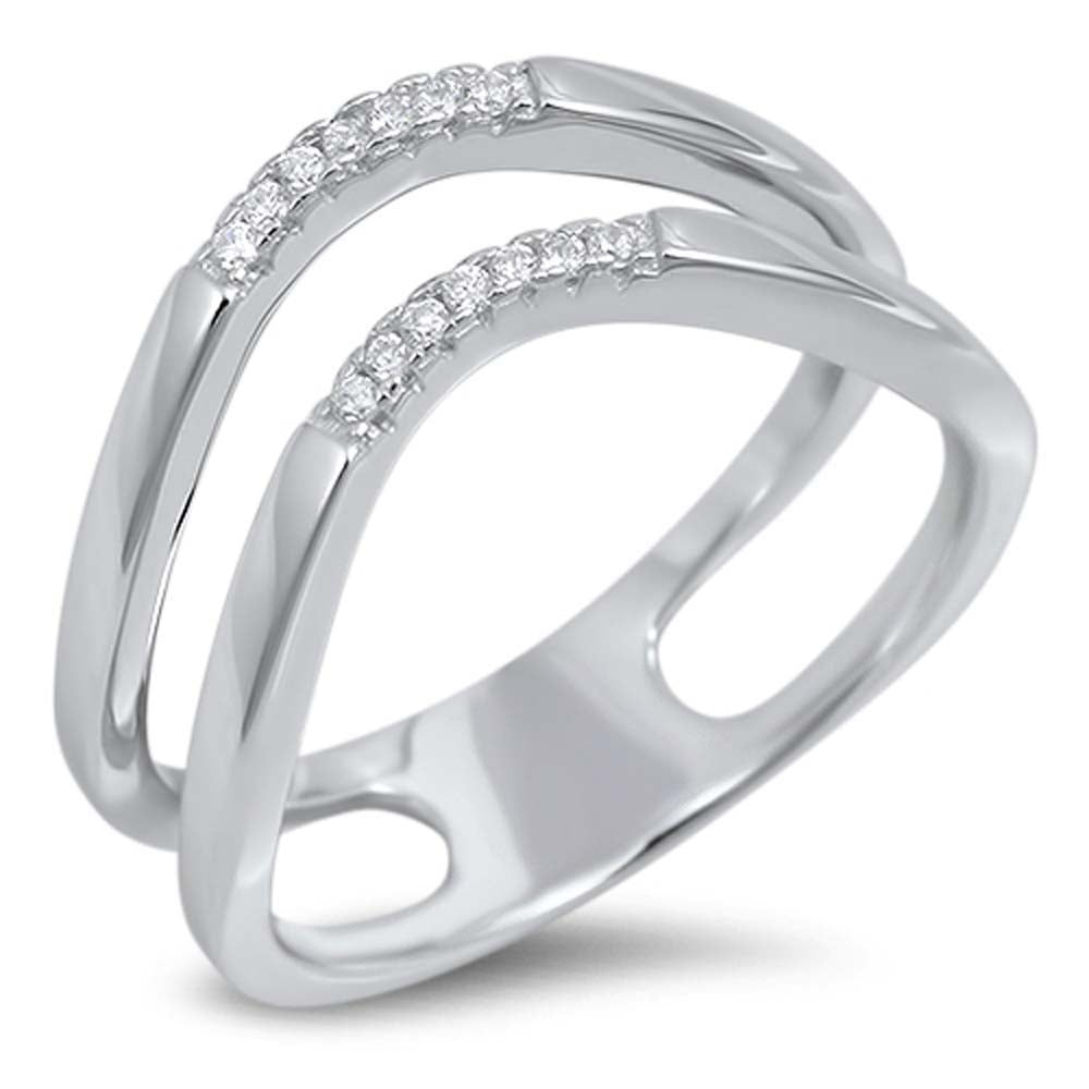 Sterling Silver Double Wave Shaped Clear CZ RingAnd Face Height 7mm