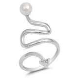 Sterling Silver Simulated Pearl and Arrow CZ Ring with Ring Face Height of 37MM