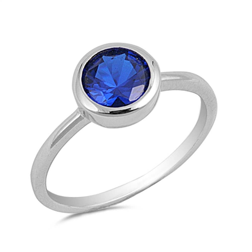 Sterling Silver Round Shaped Blue Sapphire CZ RingAnd Face Height 10mm