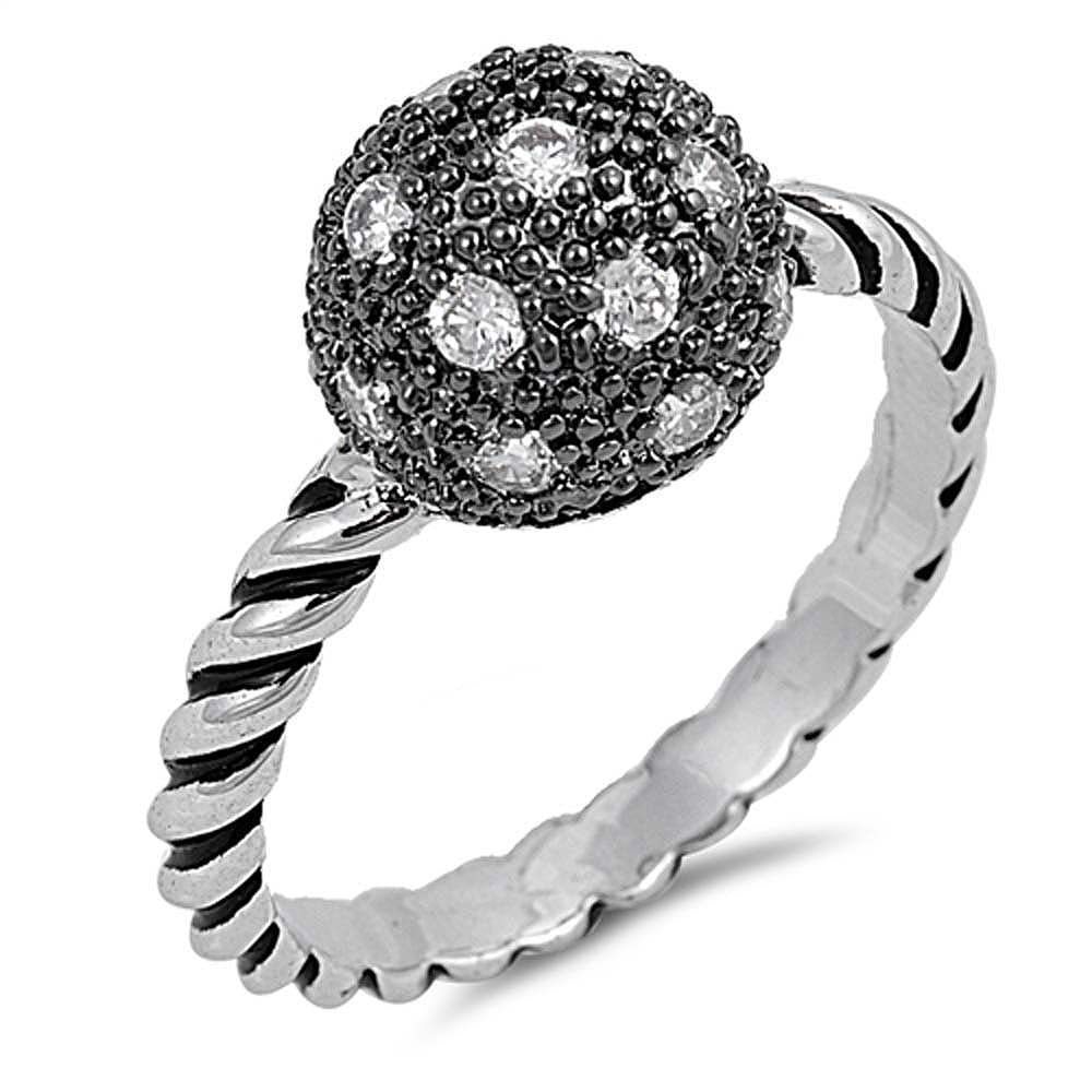 Sterling Silver Black Ball Shaped Clear CZ RingAnd Face Height 10mm