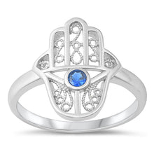 Load image into Gallery viewer, Sterling Silver Rhodium Plated Hamsa Blue Sapphire CZ Ring