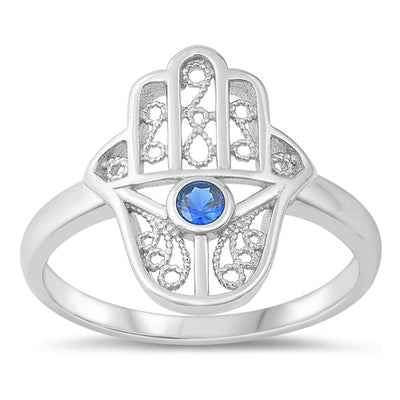 Sterling Silver Rhodium Plated Hamsa Blue Sapphire CZ Ring
