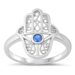 Sterling Silver Rhodium Plated Hamsa Blue Sapphire CZ Ring