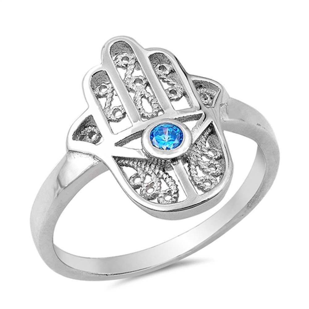 Sterling Silver Blue Topaz and Clear CZ Hamsa Ring, Face Height of 18 mm