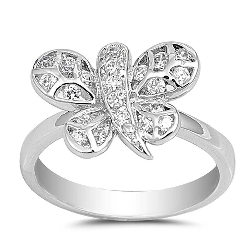 Sterling Silver Butterfly Clear CZ RingAnd Face Height 12mm