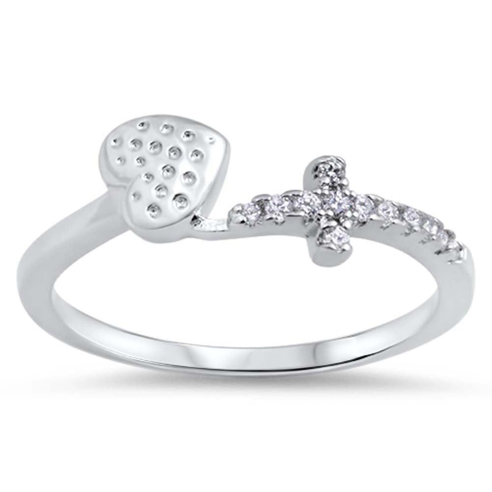 Sterling Silver CZ Bypass Ring with Heart and Cross DesignAnd Ring Face Height of 6MM