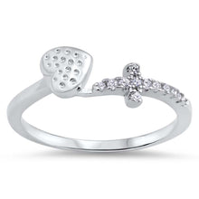 Load image into Gallery viewer, Sterling Silver CZ Bypass Ring with Heart and Cross DesignAnd Ring Face Height of 6MM