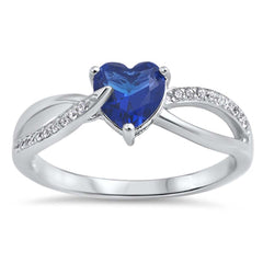 Sterling Silver Split Band CZ Ring with Blue Sapphire Heart Shape Center CZAnd Ring Face Height of 6MM
