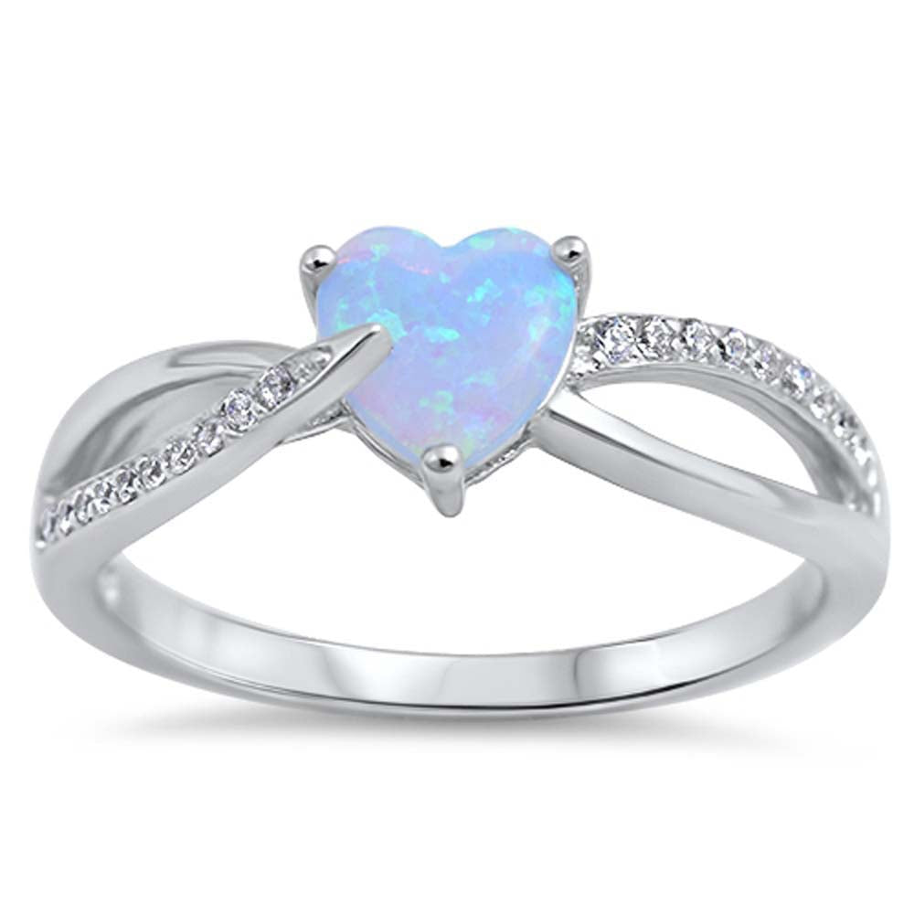 Sterling Silver Split Band CZ Ring with Blue Lab Opal Heart Shape Center StoneAnd Ring Face Height of 6MM