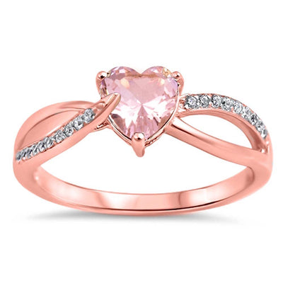 Sterling Silver Heart Shaped Clear CZ Ring with Morganite Stone And Face Height 6mm