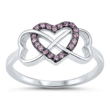 Load image into Gallery viewer, Sterling Silver Infinity Hearts Ring with Pink CZ&#39;s On the Middle Heart And Face height of 9 MM