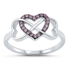 Sterling Silver Infinity Hearts Ring with Pink CZ's On the Middle Heart And Face height of 9 MM