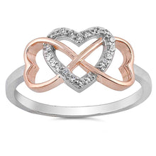 Load image into Gallery viewer, Sterling Silver Rose Gold Plated Infinity Hearts Shaped Clear CZ RingAnd Face Height 9mm