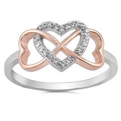Sterling Silver Rose Gold Plated Infinity Hearts Shaped Clear CZ RingAnd Face Height 9mm