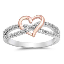 Load image into Gallery viewer, Sterling Silver Ring With Rose Gold Shaped Heart Decorated With Clear Cz StonesAnd Face Height 8MM