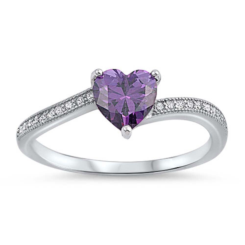 Sterling Silver Amethyst CZ Heart Stone with Clear CZ RingAnd Face Height of 6 mm