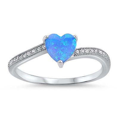 Sterling Silver Blue Lab Opal Heart Stone with Clear CZ RingAnd Face Height of 6 mm