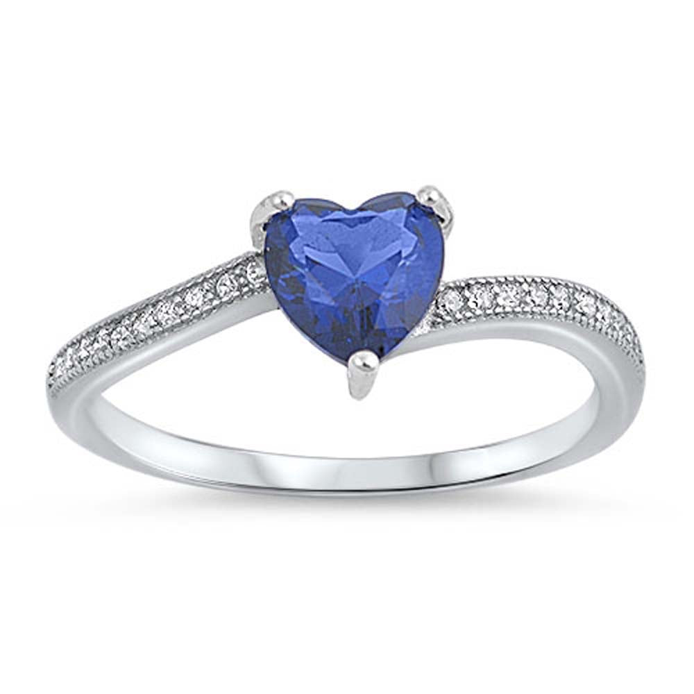 Sterling Silver Blue Sapphire CZ Heart Stone with Clear CZ RingAnd Face Height of 6 mm