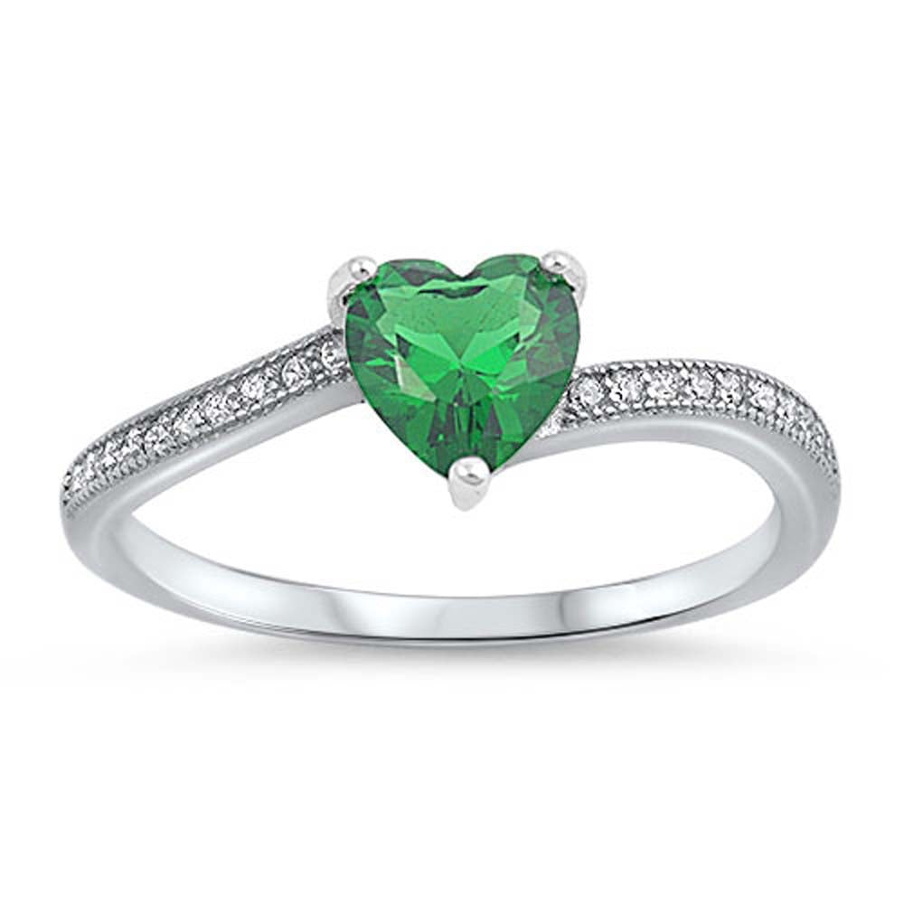 Sterling Silver Emerald CZ Heart Stone with Clear CZ RingAnd Face Height of 6 mm