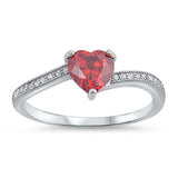 Sterling Silver Garnet CZ Heart Stone with Clear CZ Ring And Face Height of 6 mm