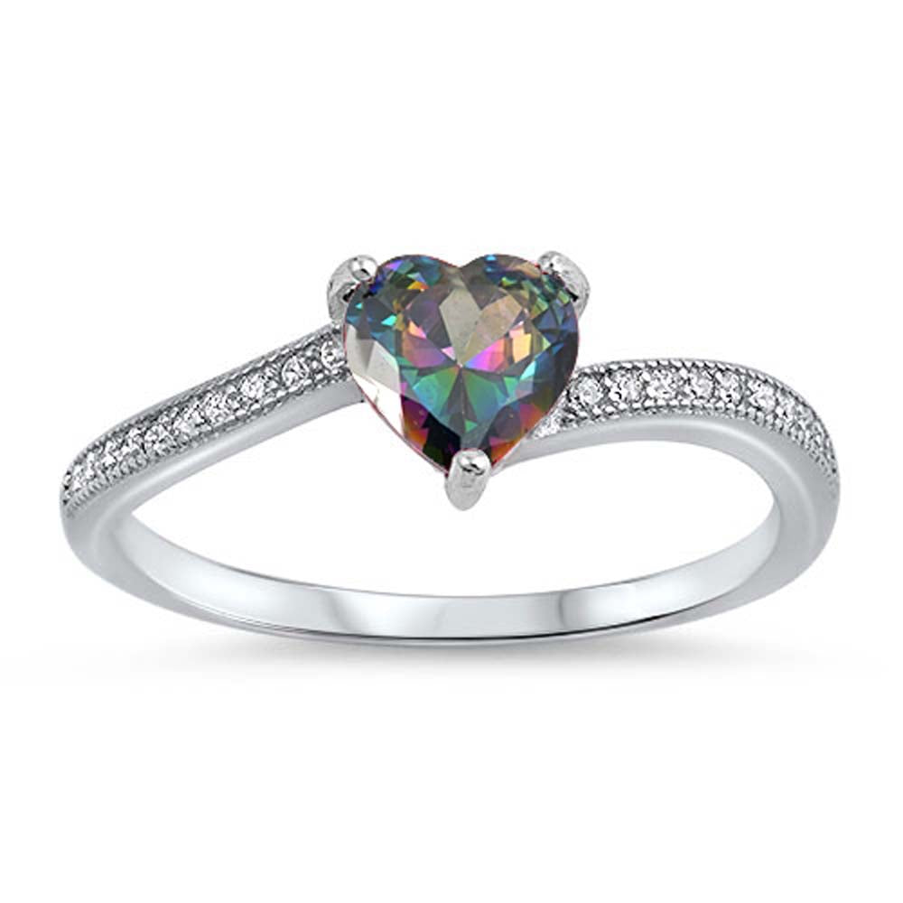 Sterling Silver Heart With Rainbow Topaz And Cubic Zirconia Ring