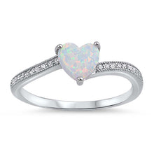 Load image into Gallery viewer, Sterling Silver White Lab Opal Heart Stone with Clear CZ RingAnd Face Height of 6 mm