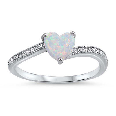 Sterling Silver White Lab Opal Heart Stone with Clear CZ RingAnd Face Height of 6 mm