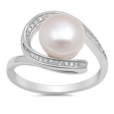 Sterling Silver Ring with Stimulated Pearl and Clear CZAnd Face Height of  13mm