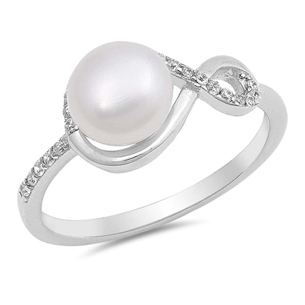 Sterling Silver Genuine Freshwater Pearl with Clear CZ RingAnd Face Height of 9 mm