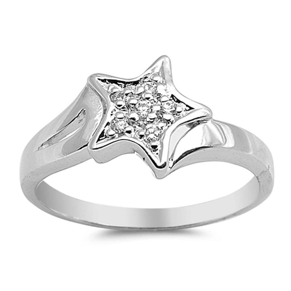 Sterling Silver Star Shaped Clear CZ RingAnd Face Height 10mm