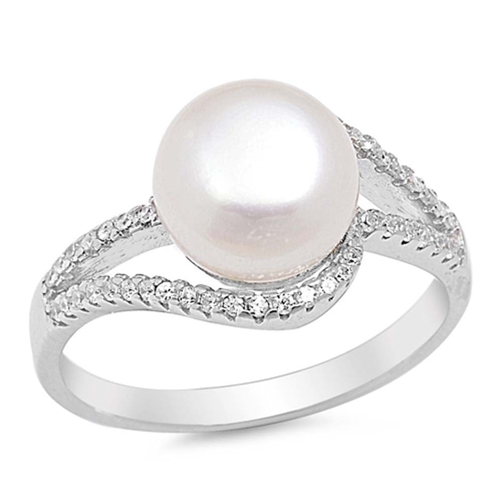 Sterling Silver Ring with Stimulated Pearl and Clear CZAnd Face Height of  12 mm