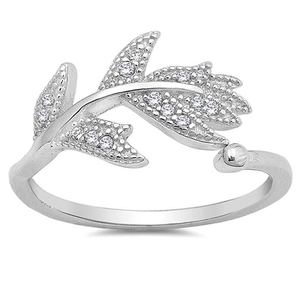 Sterling Silver Clear CZ Leaf Riing with Face Height of 10 mm