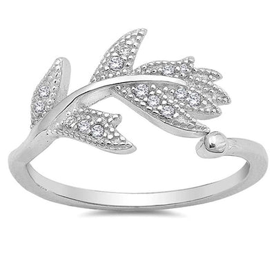 Sterling Silver Clear CZ Leaf Riing with Face Height of 10 mm