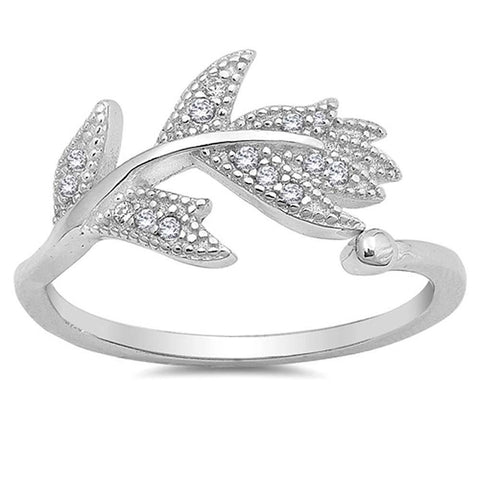 Sterling Silver Clear CZ Leaf Riing with Face Height of 10 mm