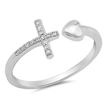 Load image into Gallery viewer, Sterling Silver Cross and Heart Clear CZ RingAnd Face Height of 8 mm