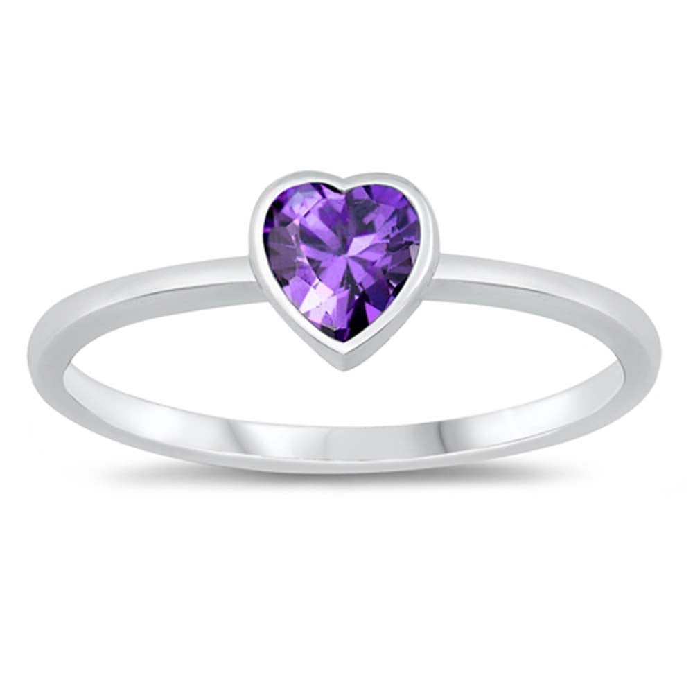 Sterling Silver Amethyst CZ Heart Ring, Face Height of 6 mm