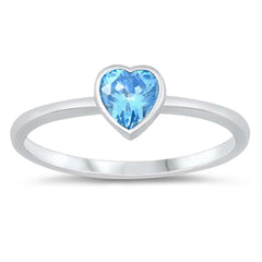 Sterling Silver Heart With Aquamarine Cubic Zirconia Ring