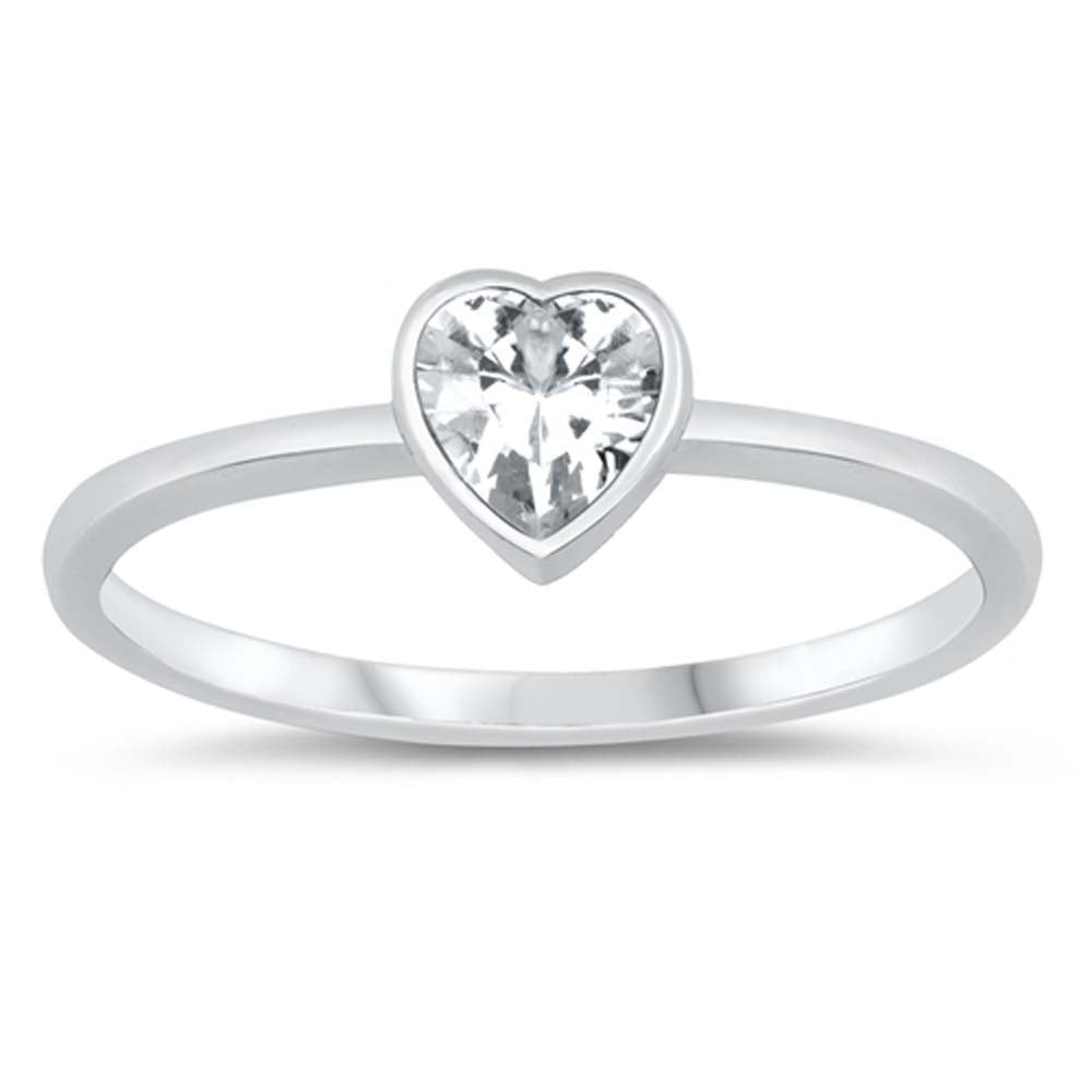Sterling Silver Clear CZ Heart Ring and Face Height of 6 mm