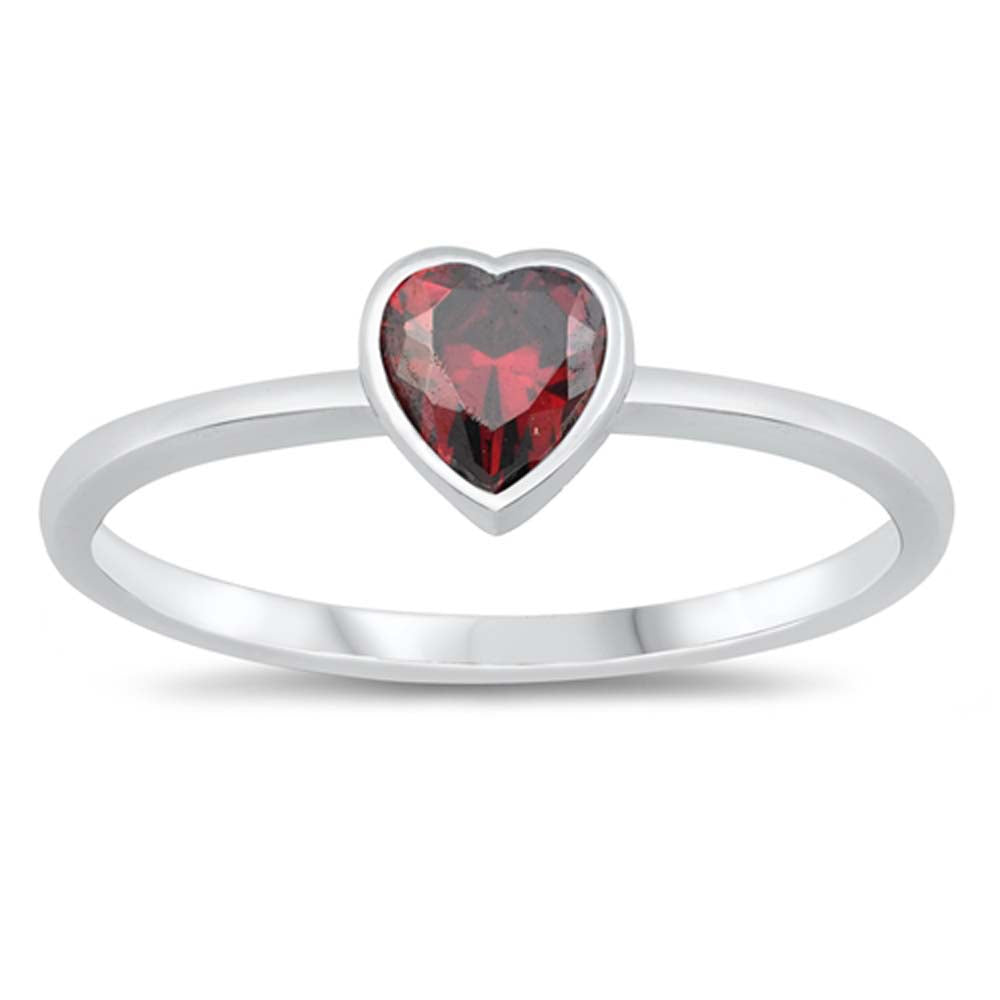 Sterling Silver Garnet CZ Heart Ring and Face Height of 6 mm