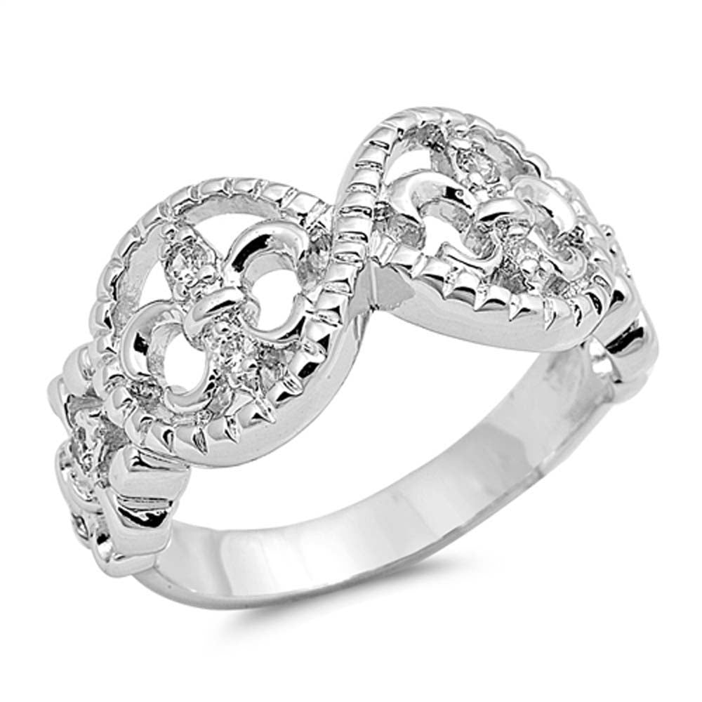 Sterling Silver Infinity And Fluer De Lis Shaped Clear CZ RingAnd Face Height 11mm