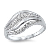 Sterling Silver Lines Wave Shaped Clear CZ RingAnd Face Height 12mm