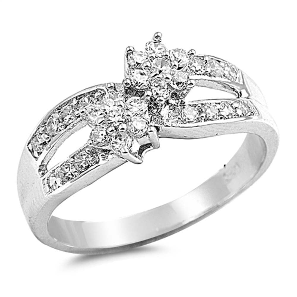 Sterling Silver Flowers And Loop Shaped Clear CZ RingAnd Face Height 9mm