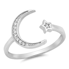 Sterling Silver Trendy Ring with Star and Moon Clear CZ Design, Face Height of 12 mm