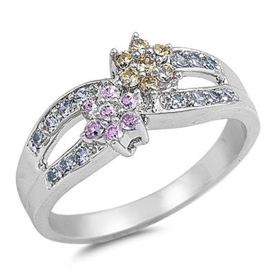 Sterling Silver Flower And Loop Shaped PinkAnd Peridot And Clear CZ RingAnd Face Height 8mm