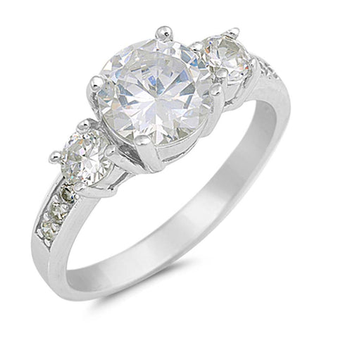 Sterling Silver Three Stone Round Shaped Clear CZ RingAnd Face Height 8mm