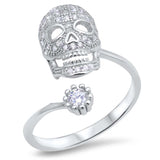 Sterling Silver Open Ring with Clear CZ Day of the Dead SkullAnd Face Height of 20 mm